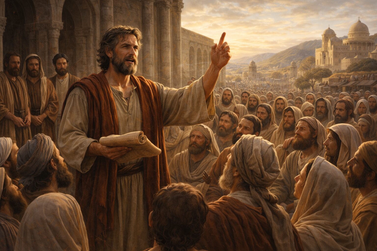 Peter addresses early Christians outdoors